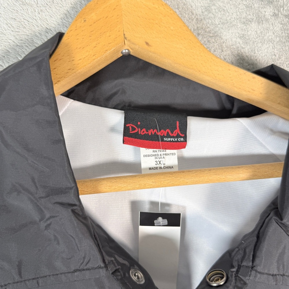 Diamond Supply Co Mens 3XL Coaches Jacket Black Logo Snap Front Windbreaker - Picture 4 of 10